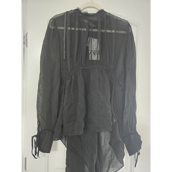 Zara Sheer Multi-Position Long Sleeve Tie Neck Blouse Black Size M NWT - Picture 4 of 14